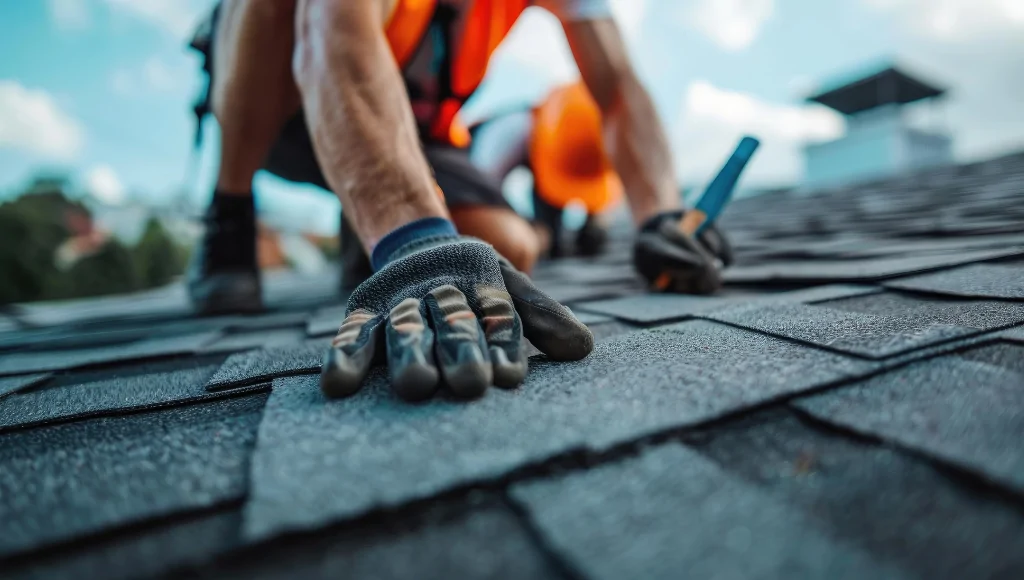 A professional roofer checks shingles on a residential roof.