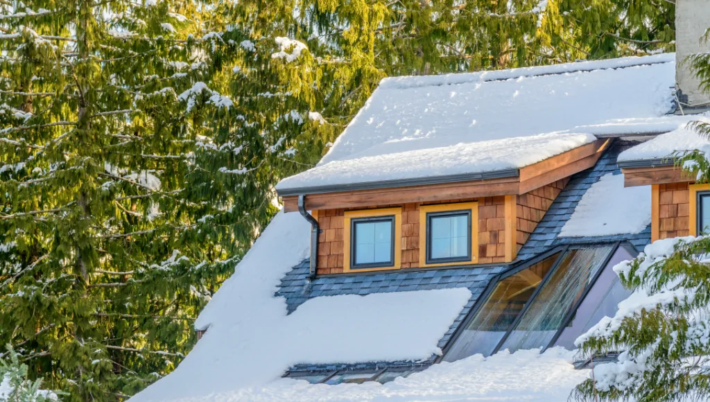 A heavy snow load on a sloped asphalt shingle roof, surrounded by trees.