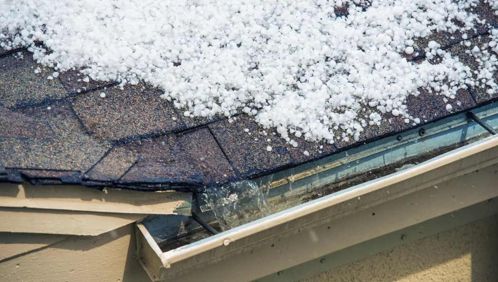 Snow and hail on an asphalt shingle roof beginning to melt with water running off into the gutter.