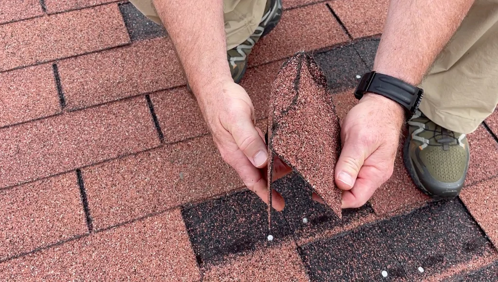 Up close image of a roofer showing the brittleness of an asphalt shingle that's cracked in half.