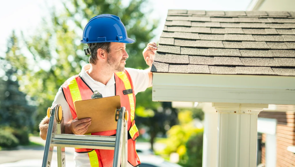 A roofing professional wearing a blue hard hat and orange high-vis vest stands on a ladder with a clipboard in hand, inspecting asphalt shingles on a residential roof.