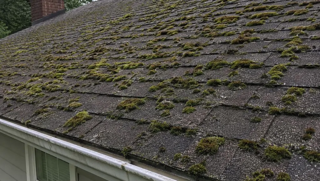 A close-up shot of moss growing on the asphalt shingle roof of a residential home.