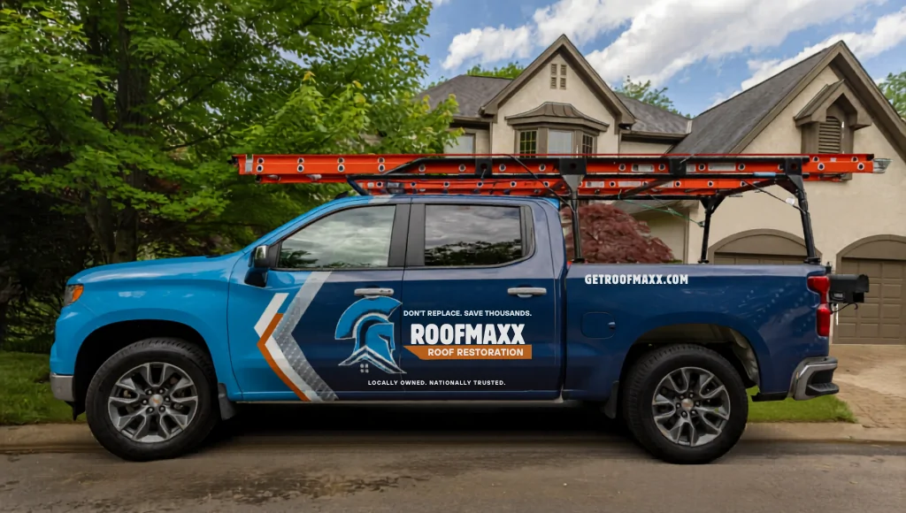 A blue Roof Maxx truck with an orange ladder on top parked in front of a suburban house with beige exterior and brown asphalt shingle roof.